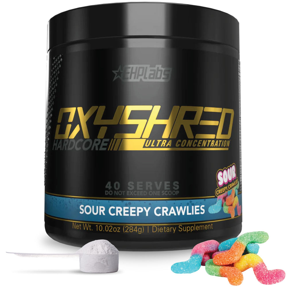 EHP Labs OxyShred frontal del envase mostrando diseño y sabor Sour Crawlies, energía inmediata