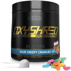 EHP Labs OxyShred frontal del envase mostrando diseño y sabor Sour Crawlies, energía inmediata