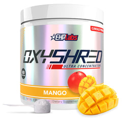 EHP Labs OxyShred frontal del envase mostrando el diseño y sabor mango
