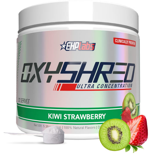 EHP Labs OxyShred vista frontal con sabor kiwi fresa y beneficios energéticos