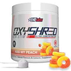 EHP Labs OxyShred envase frontal mostrando sabor durazno y 60 servicios, energía sin cafeína