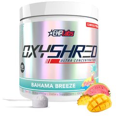 EHP Labs OxyShred frontal mostrando diseño y sabor Bahama Breeze beneficios energéticos