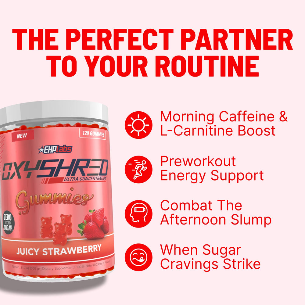 EHP Labs OxyShred Gummies etiqueta de ingredientes mostrando cafeína natural y L-Carnitina