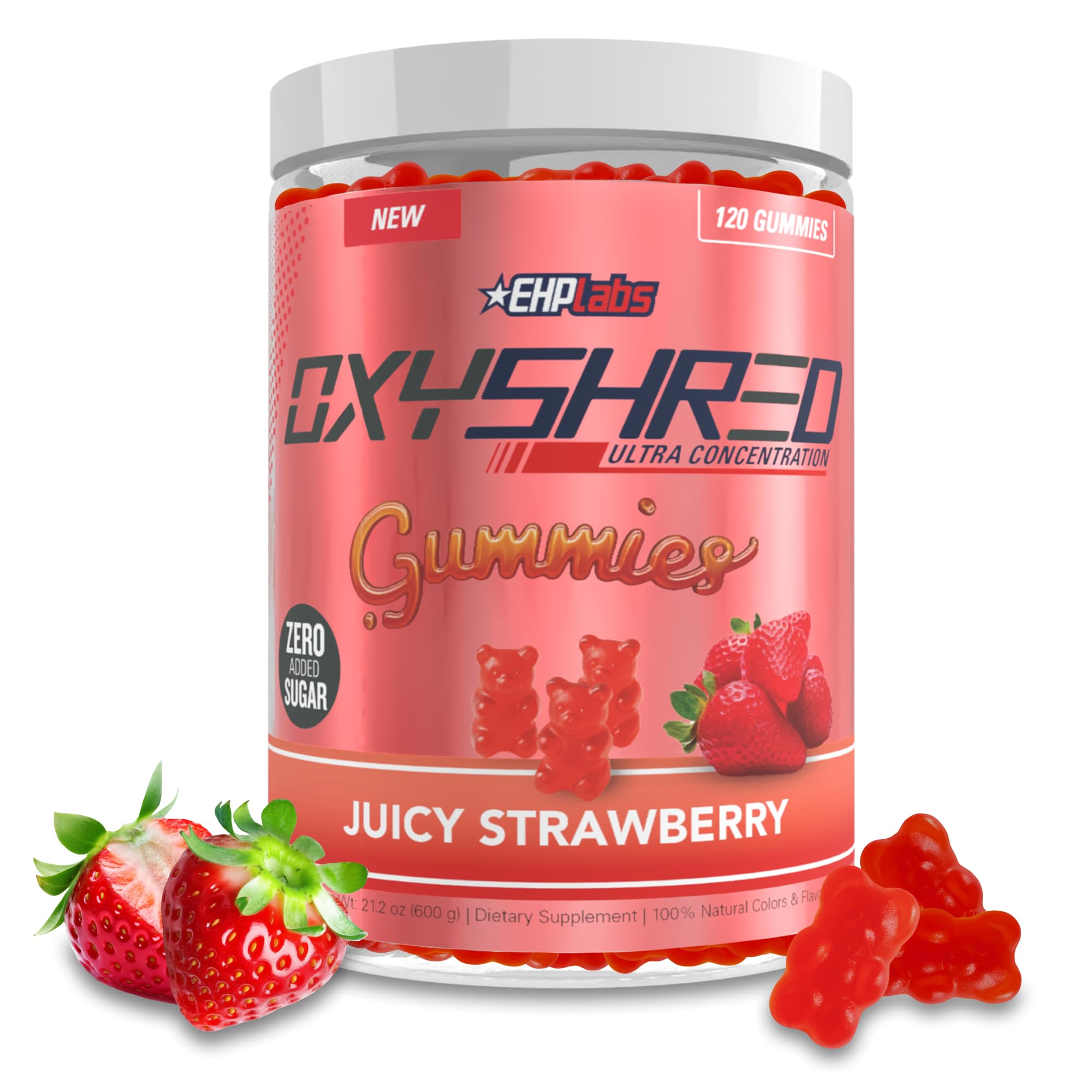 EHP Labs OxyShred Gummies frente del empaque que muestra el producto y sabor fresa para energía portátil