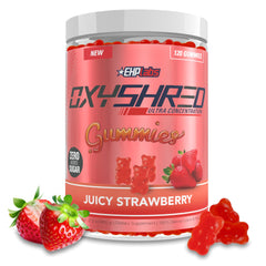 EHP Labs OxyShred Gummies frente del empaque que muestra el producto y sabor fresa para energía portátil