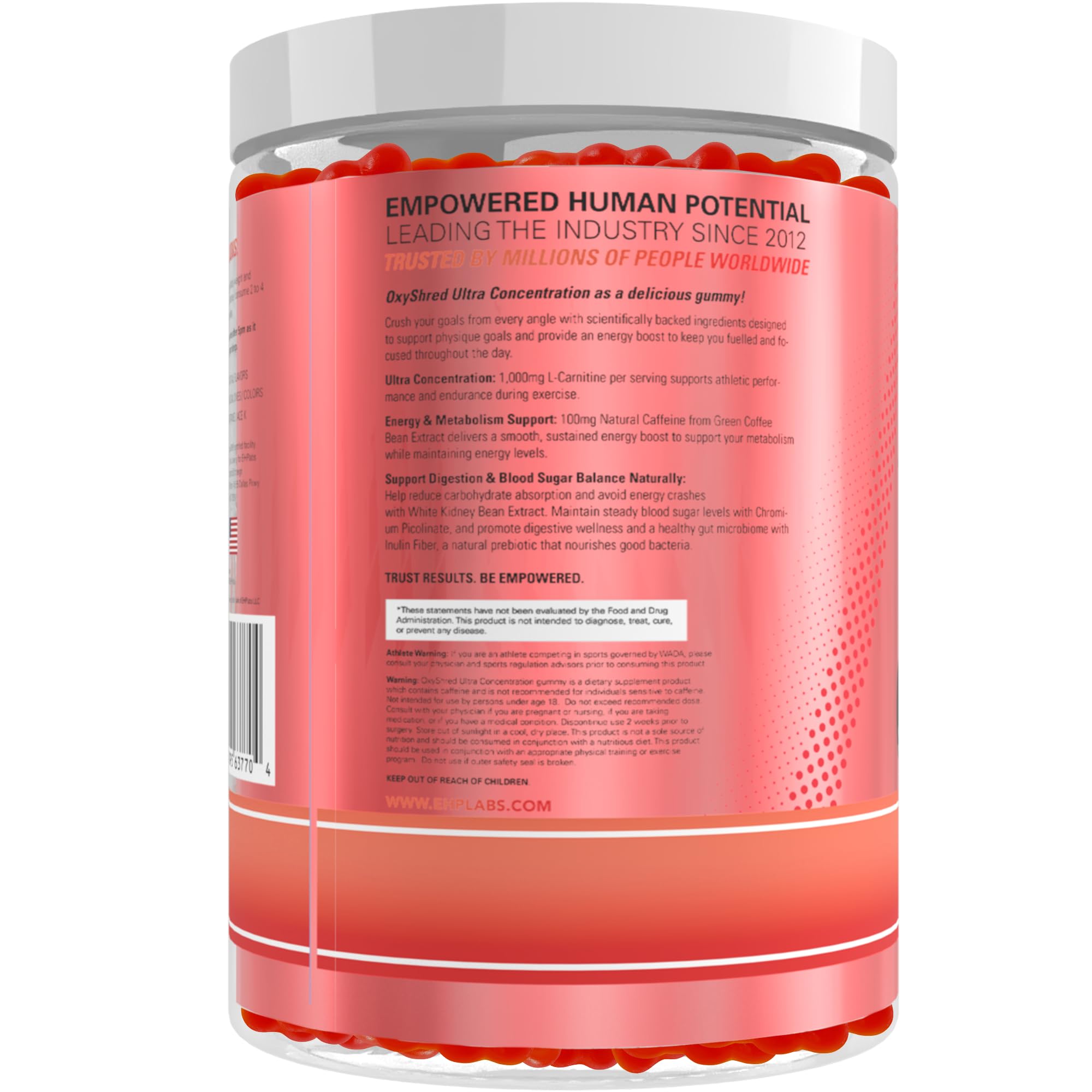 EHP Labs OxyShred Gummies envase que indica 60 servicios para planificación de consumo