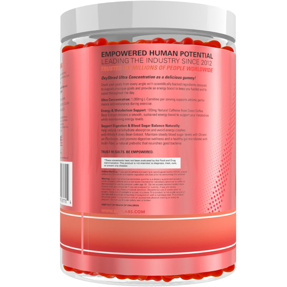 EHP Labs OxyShred Gummies envase que indica 60 servicios para planificación de consumo