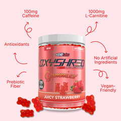 EHP Labs OxyShred Gummies acercamiento a la textura masticable que indica fácil consumo sin mezclas