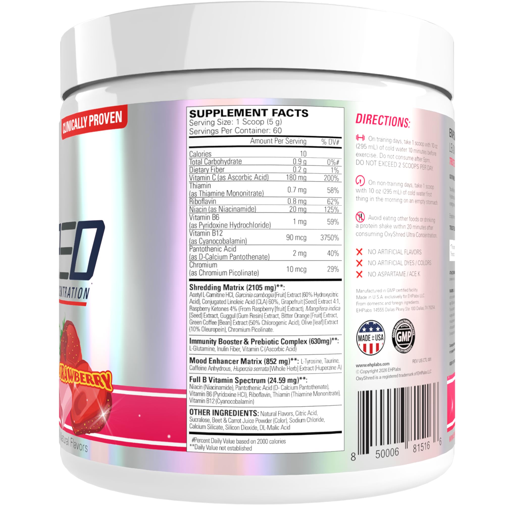 EHP Labs OxyShred cucharada de polvo con ingredientes activos visibles