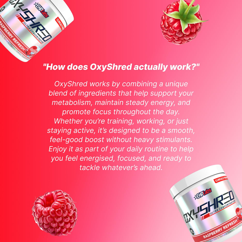 EHP Labs OxyShred imagen de ingredientes clave como L‑Glutamina y café verde explicando beneficios