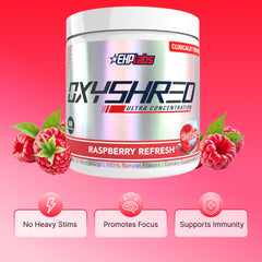 EHP Labs OxyShred mezclado en vaso con bebida rosada listo para consumir antes de entrenar