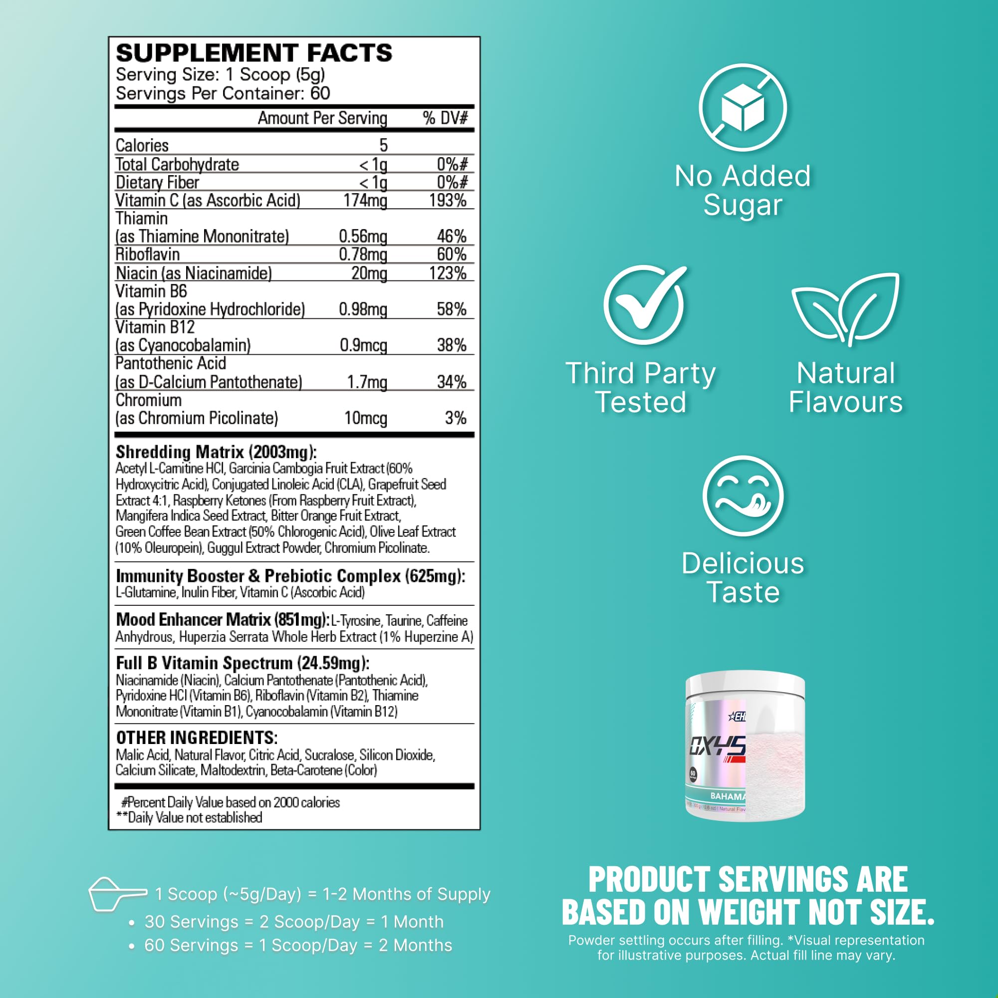 Polvo OxyShred textura fina de EHP Labs para mezclas fáciles y sabor agradable