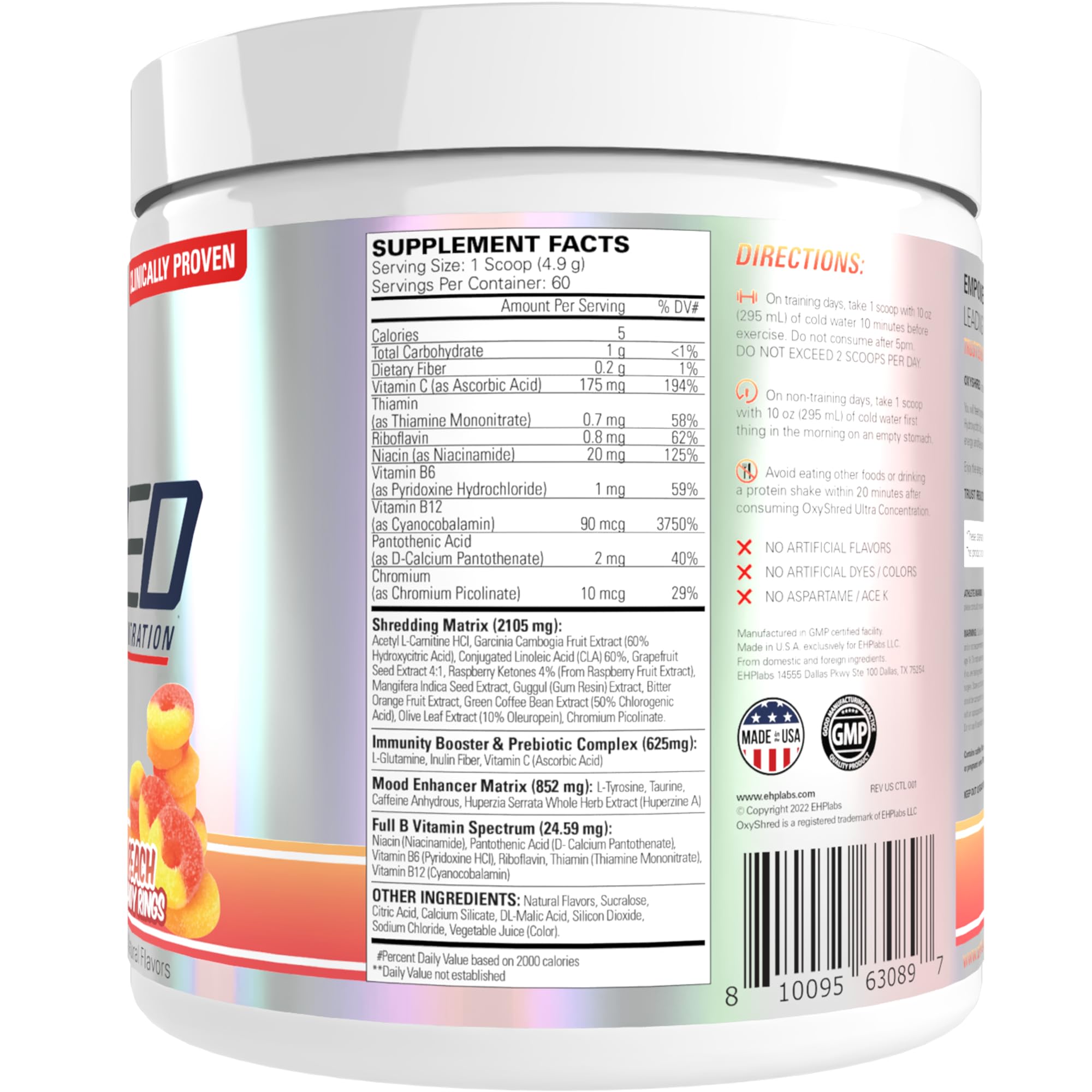 Envase abierto mostrando sabor Peach Candy Rings y color del polvo, EHP Labs experiencia gustativa
