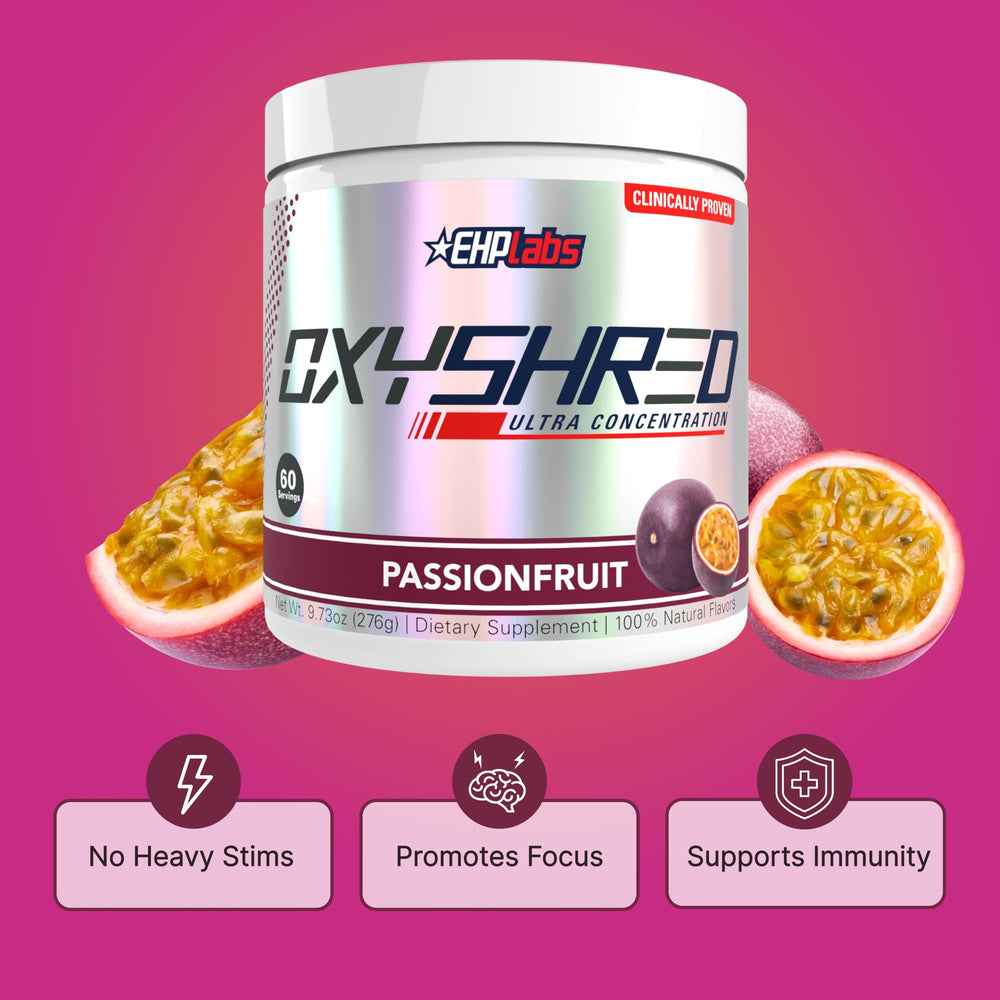 EHP Labs OxyShred servicio preparado en vaso, presenta bebida energética lista antes del entrenamiento
