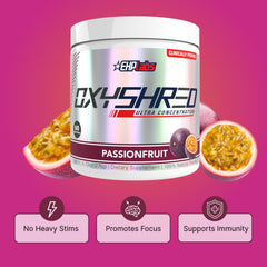EHP Labs OxyShred servicio preparado en vaso, presenta bebida energética lista antes del entrenamiento