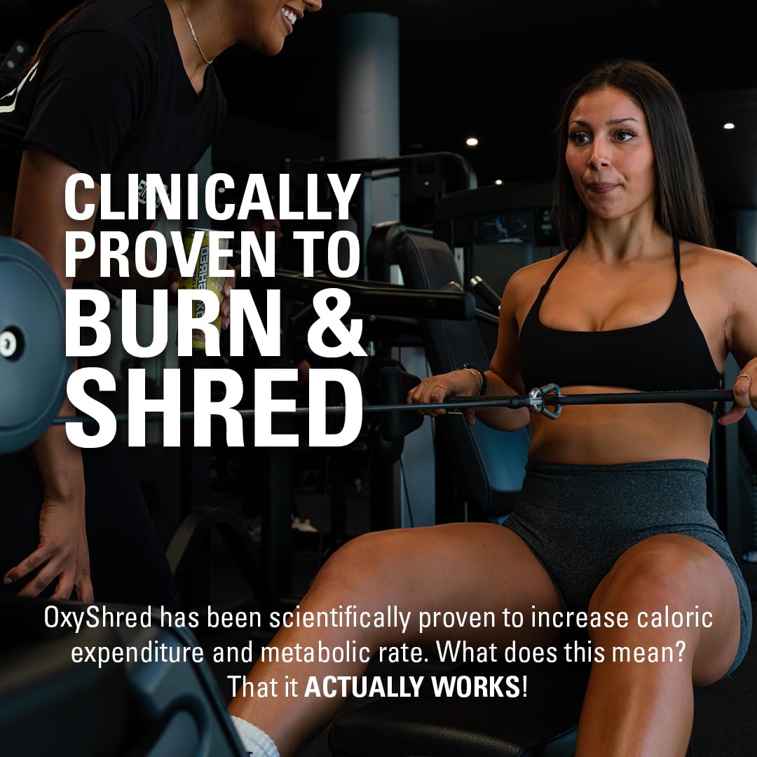 EHP Labs OxyShred envase con escala que muestra 60 servicios duraderos