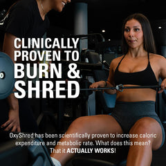 EHP Labs OxyShred envase con escala que muestra 60 servicios duraderos