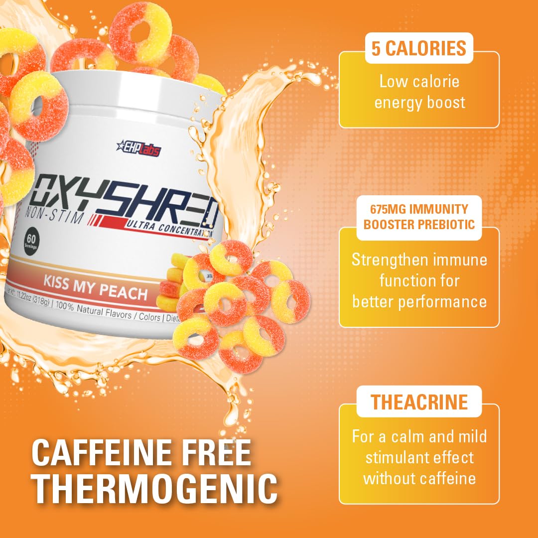 Vaso con OxyShred EHP Labs preparado, bebida naranja durazno, rendimiento estable en entrenamiento