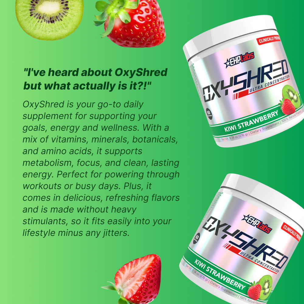 EHP Labs OxyShred en gimnasio junto a botella para energía durante la sesión
