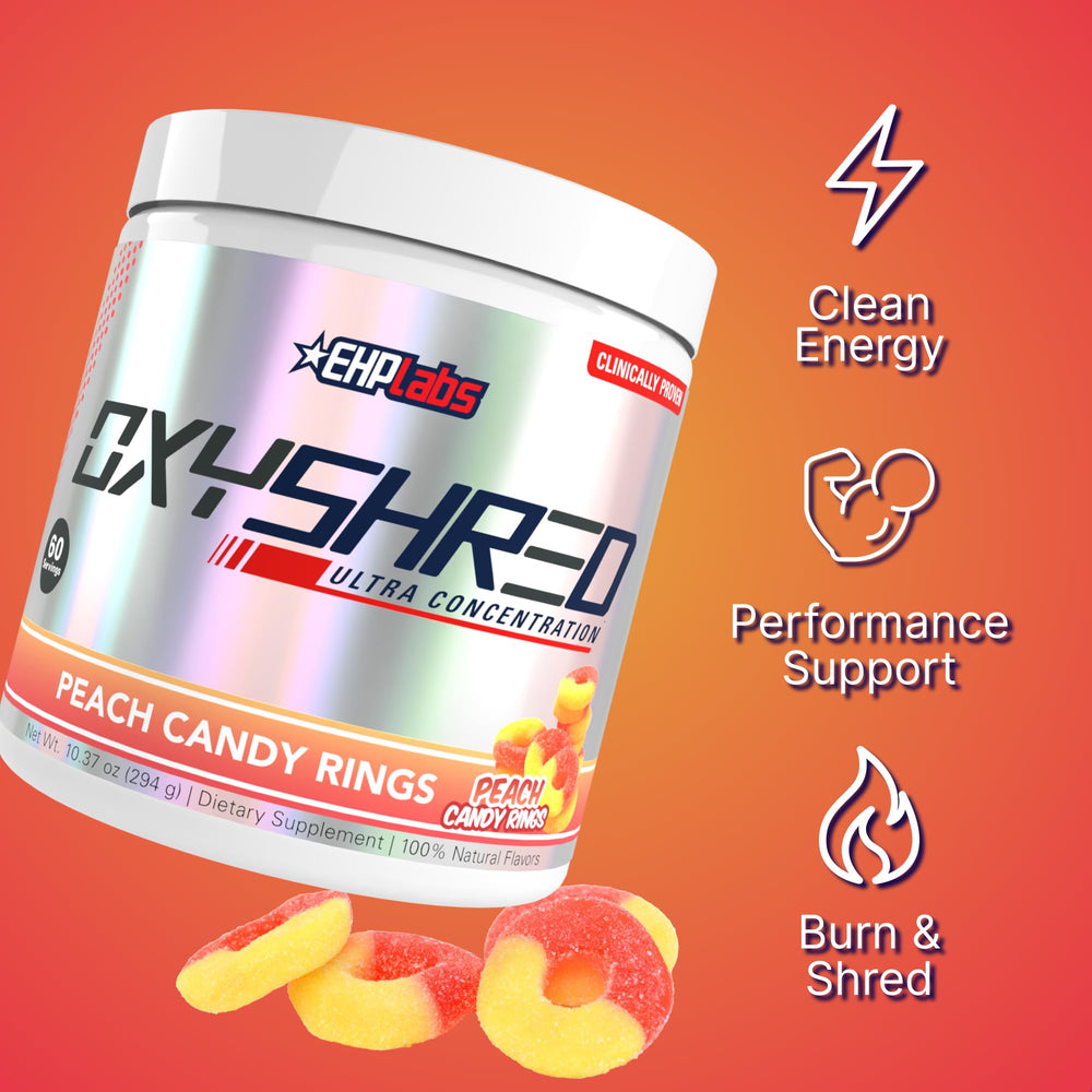 Vaso con OxyShred mezclado y bebida efervescente, EHP Labs para energía antes del entrenamiento