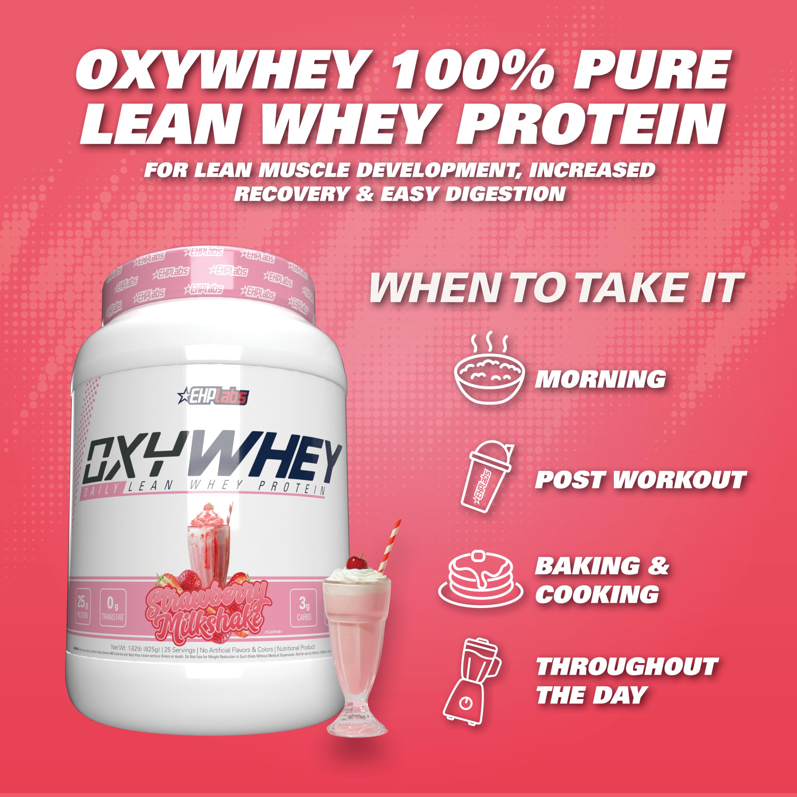 Envase de OxyWhey en mano para apreciar el tamaño y porciones