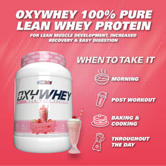 Envase de OxyWhey en mano para apreciar el tamaño y porciones