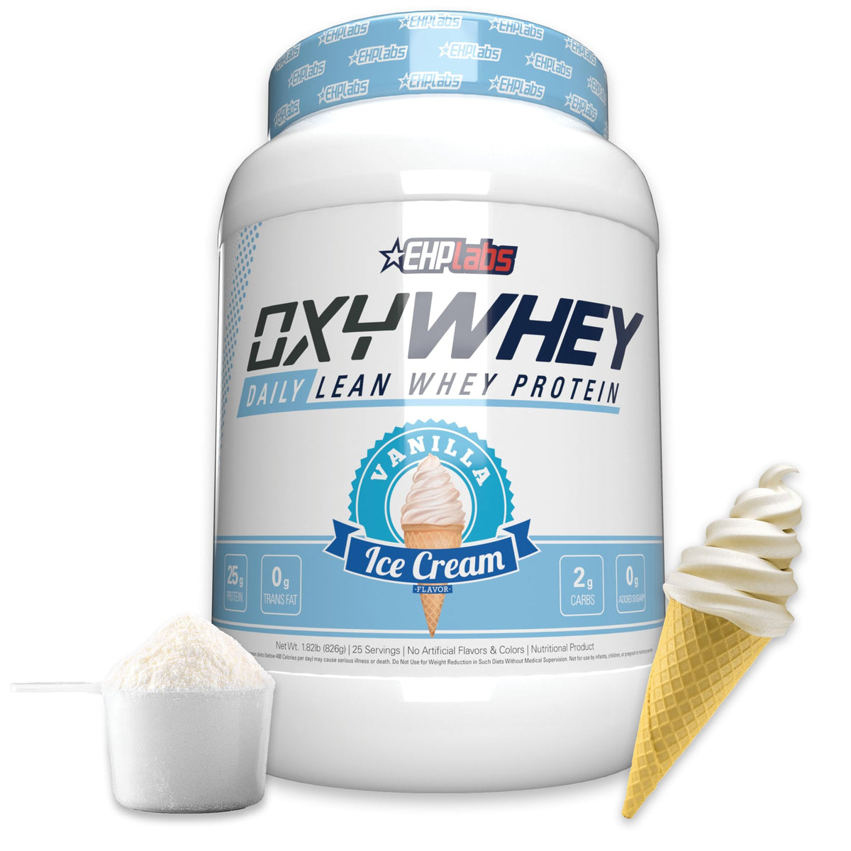 EHP Labs envase frontal de OxyWhey mostrando diseño y sabor Vainilla Ice Cream, aporte proteico claro