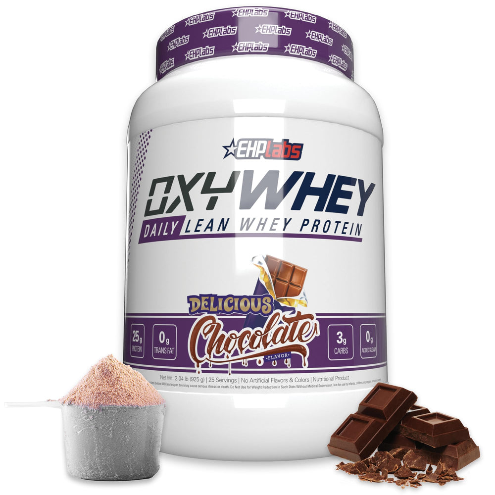 EHP Labs OxyWhey frontal del envase mostrando sabor chocolate y beneficios