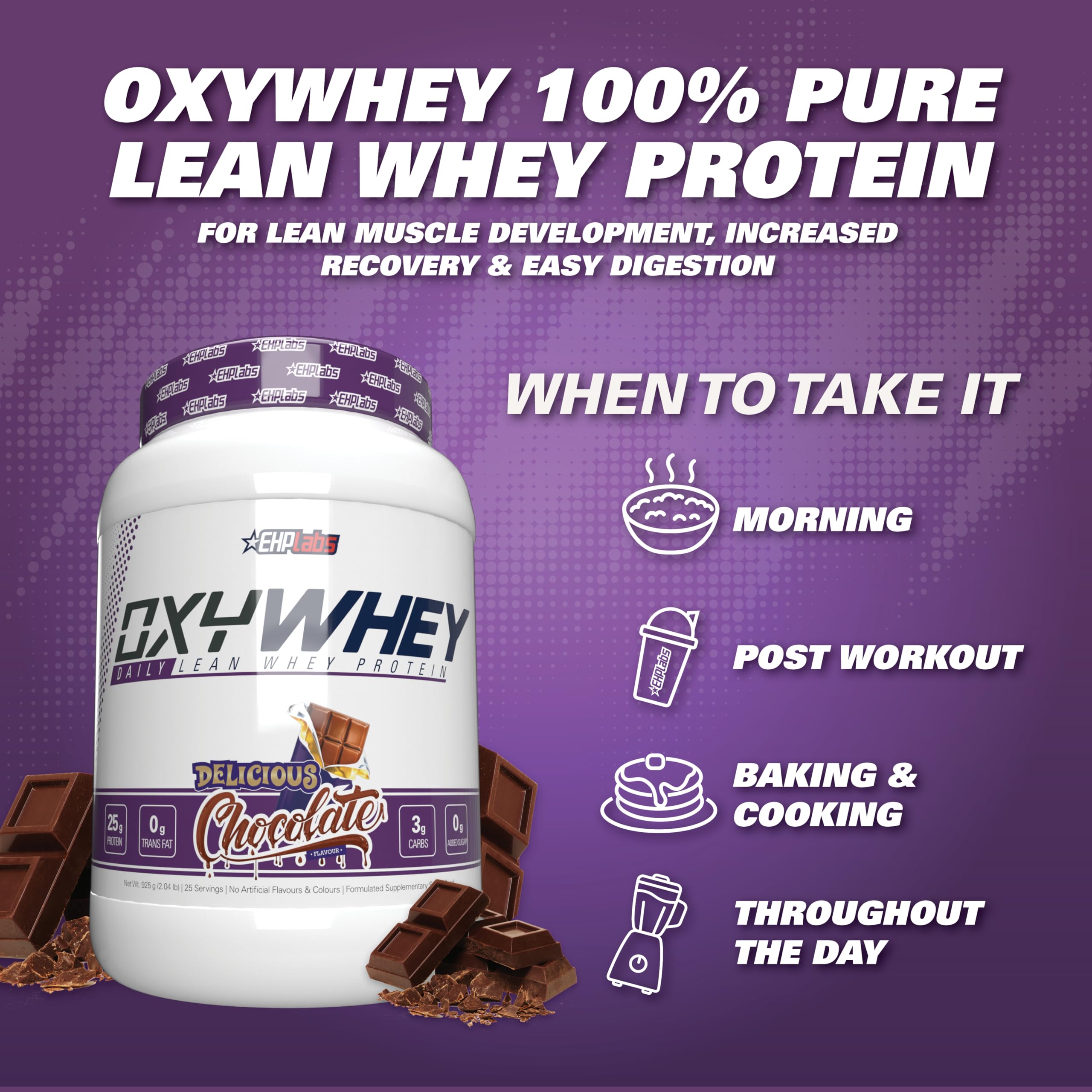 Ingredientes separados sobre mesa junto al envase OxyWhey EHP Labs, transparencia