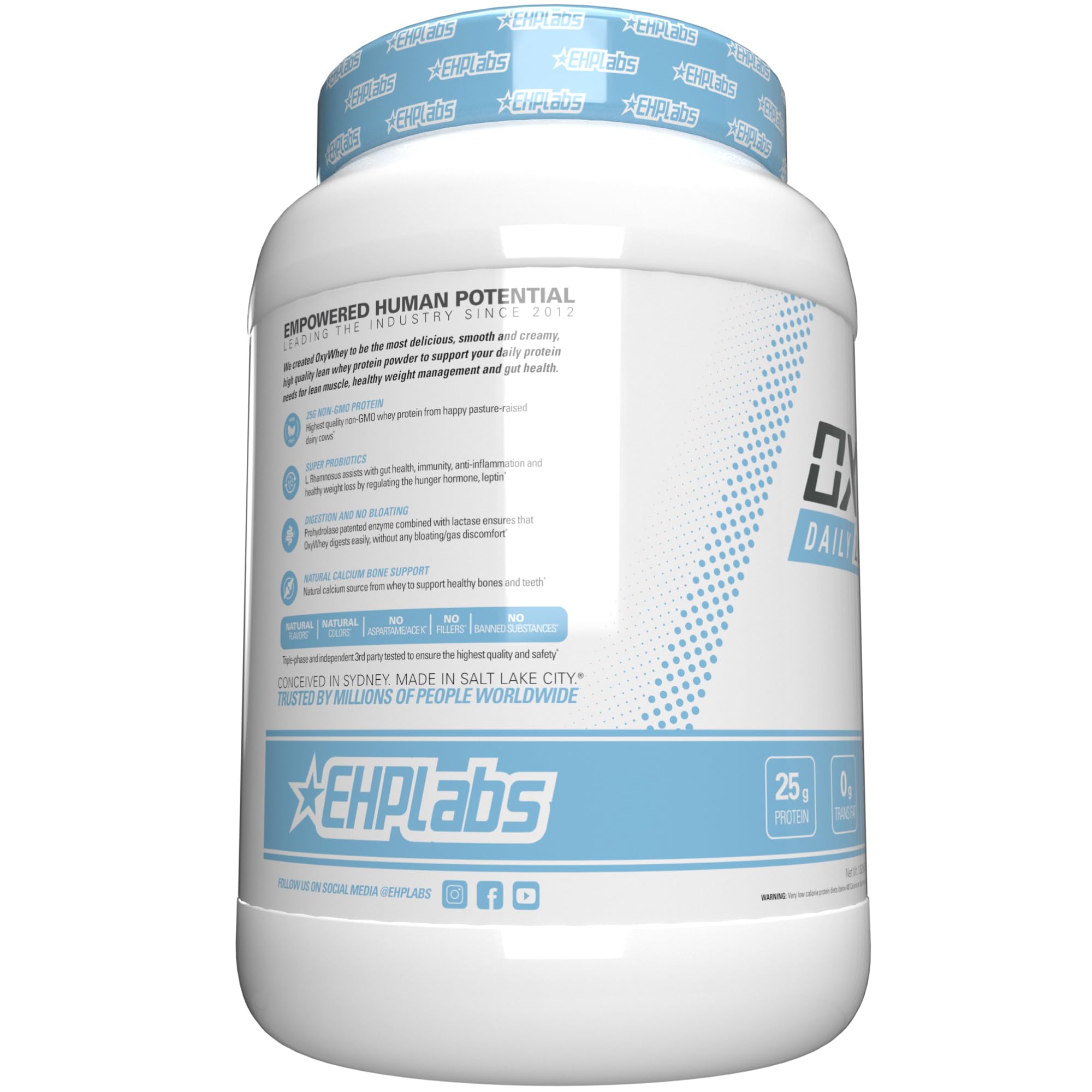 EHP Labs detalle del sello GMP en el packaging de OxyWhey, garantía de calidad de fabricación