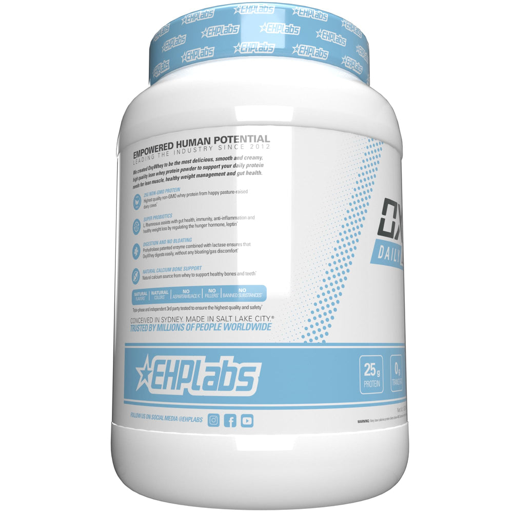 EHP Labs detalle del sello GMP en el packaging de OxyWhey, garantía de calidad de fabricación
