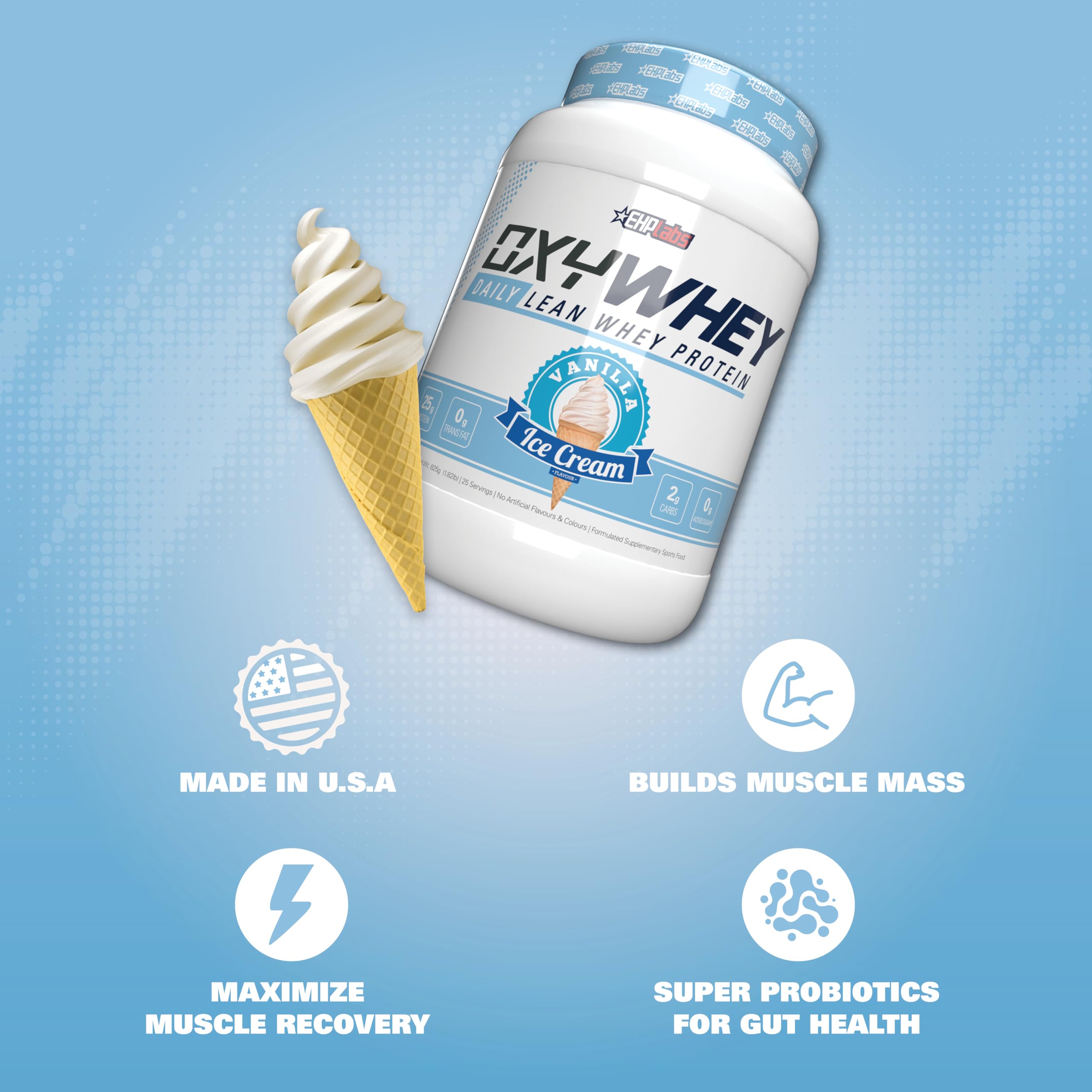EHP Labs primer plano del polvo OxyWhey, textura fina que facilita disolución y digestión