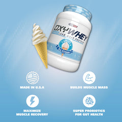 EHP Labs primer plano del polvo OxyWhey, textura fina que facilita disolución y digestión