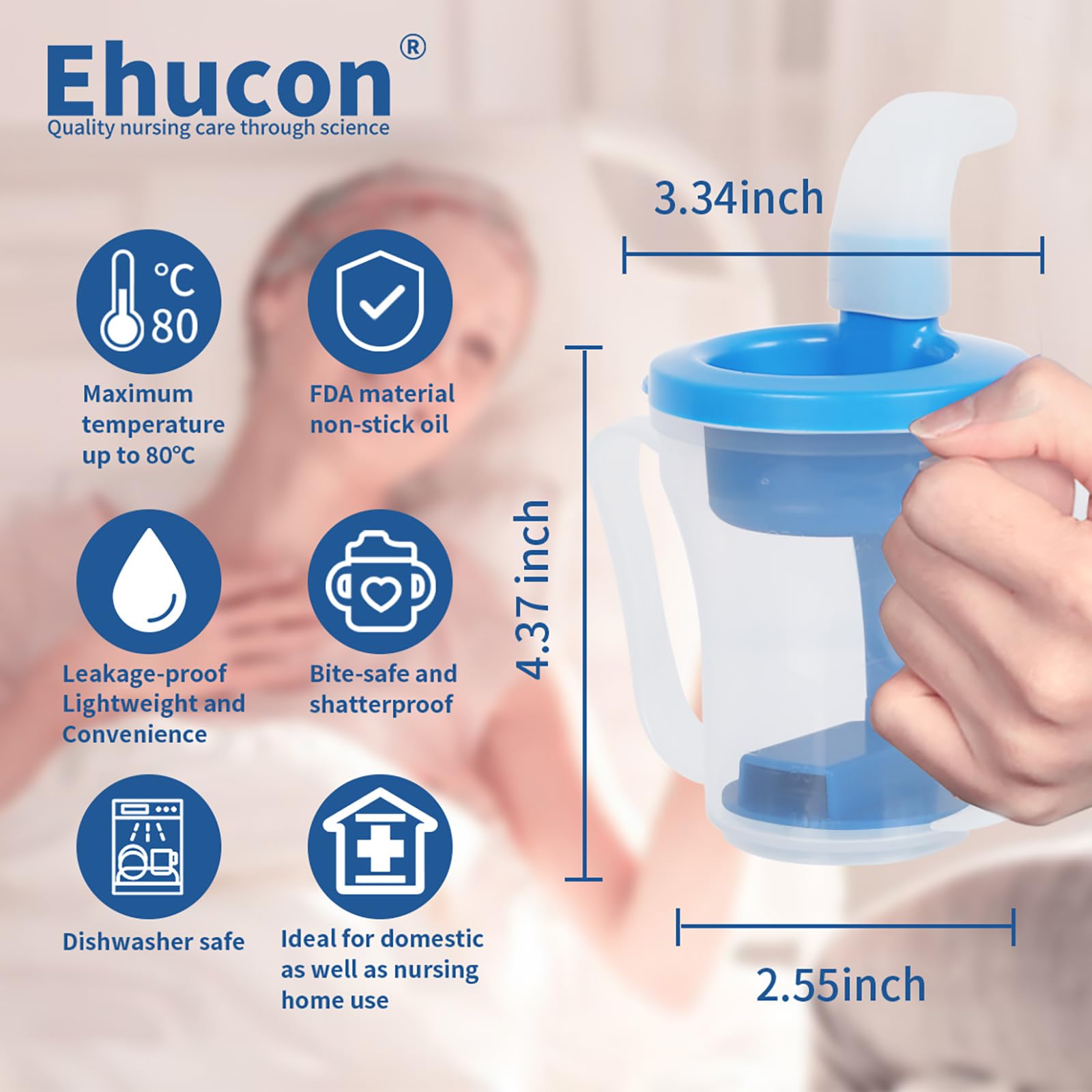 Ehucon taza junto a una mano para comparar tamaño y capacidad aproximada