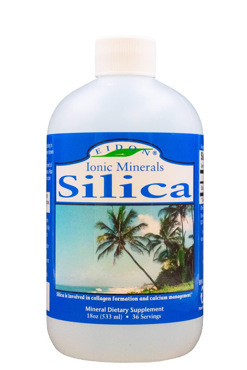 Eidon Ionic Minerals botella frontal mostrando etiqueta, claro beneficio de confianza