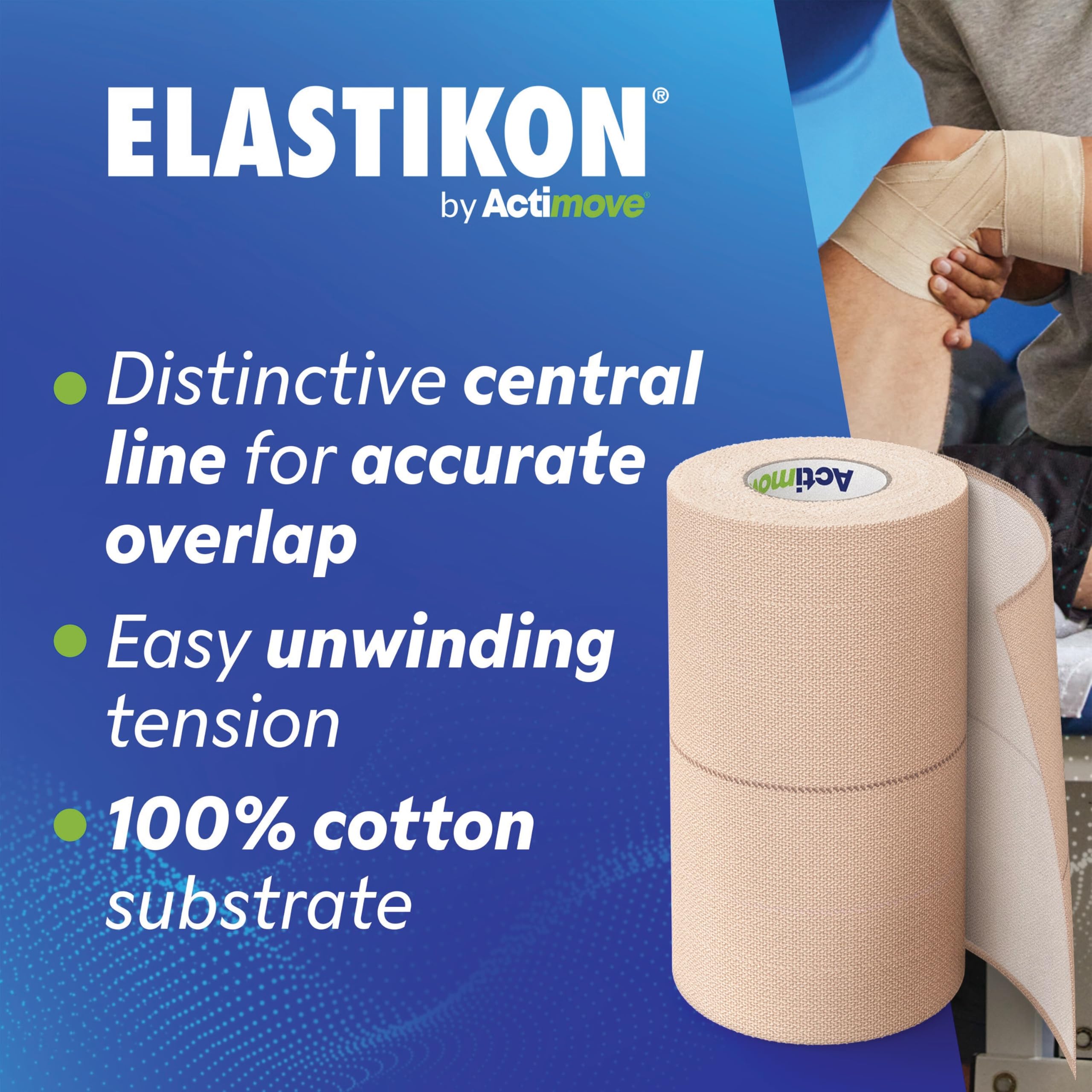Elastikon by Actimove aplicación en rodilla ofreciendo soporte estable durante actividad