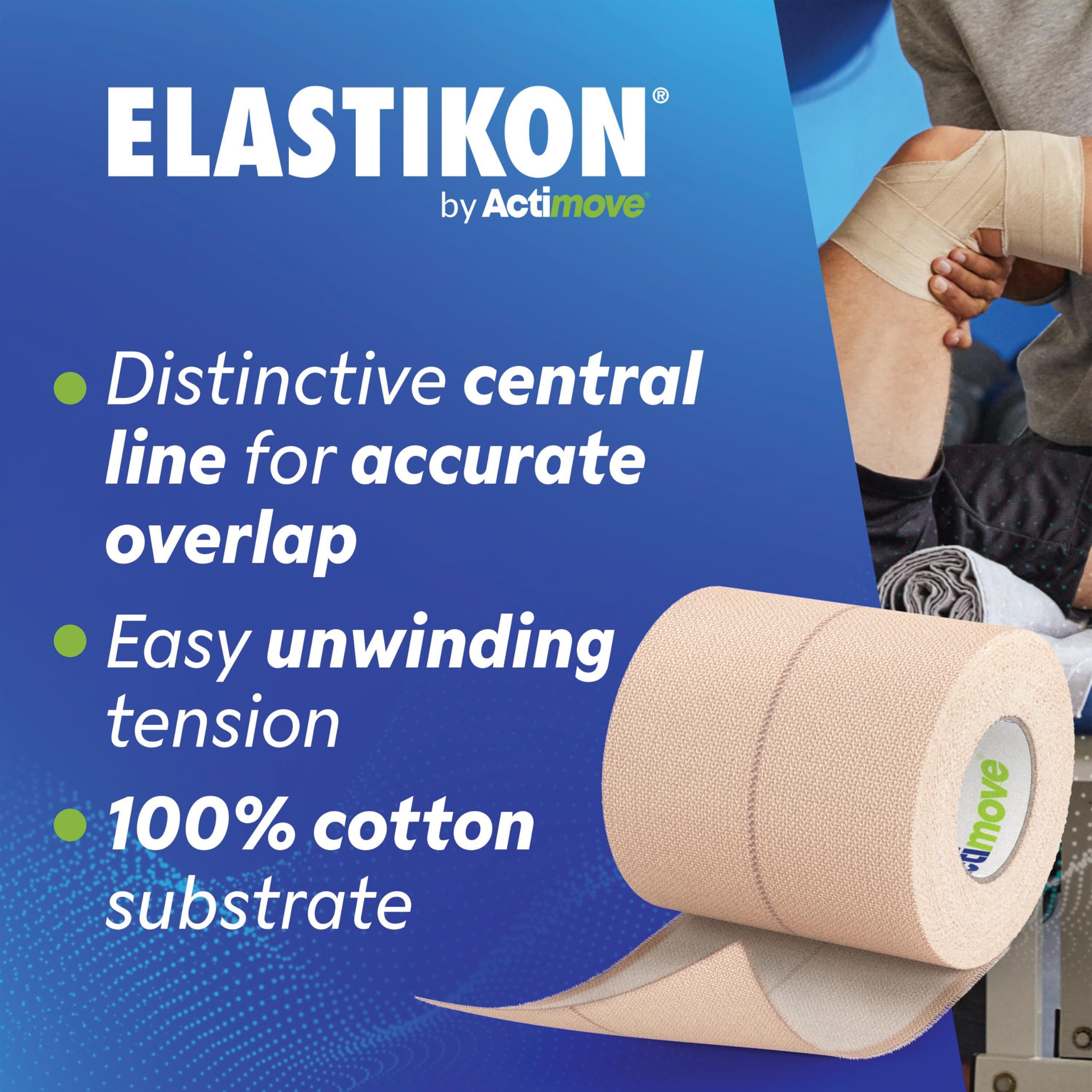 Elastikon by Actimove aplicado en rodilla ofreciendo soporte estable durante actividad