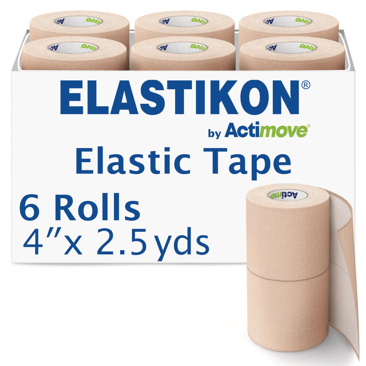Elastikon by Actimove frente del empaque mostrando pack de seis y beneficio de reposición