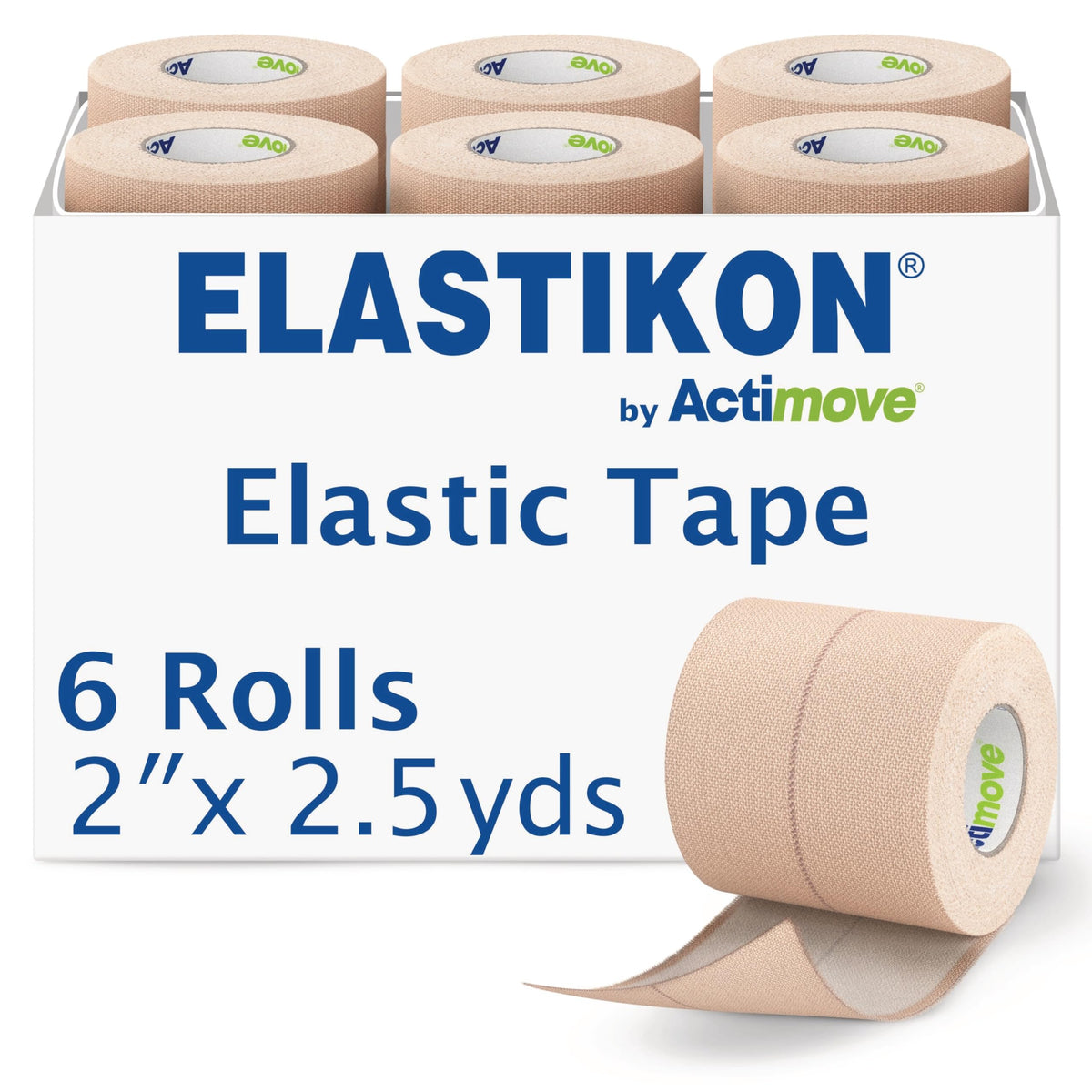 Elastikon by Actimove frente del paquete mostrando 6 rollos y beneficio de suministro continuo