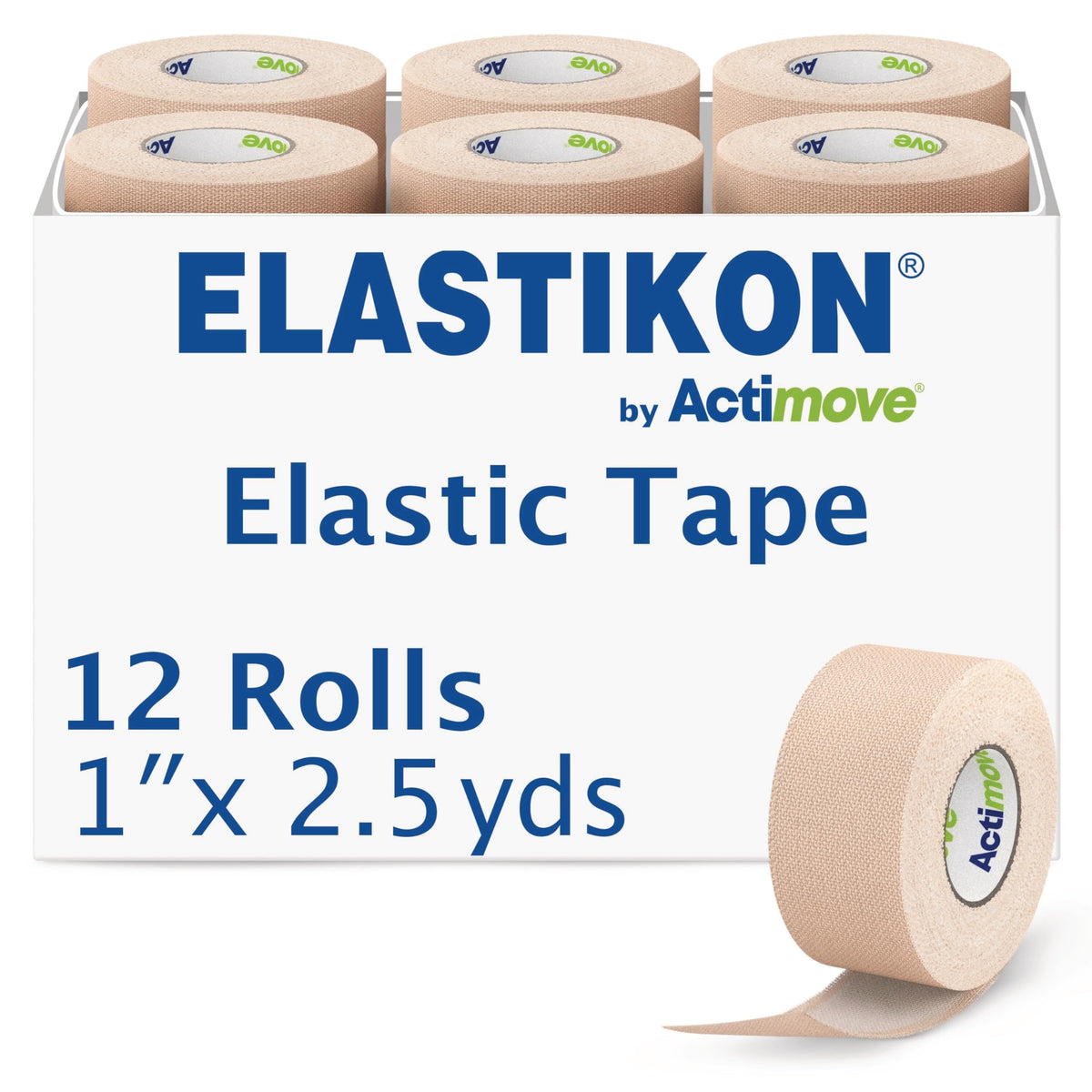 Elastikon by Actimove paquete frontal mostrando 12 rollos y ventaja de suministro