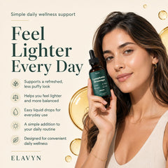 ELAVYN etiqueta con ingredientes y beneficio de fórmula sin alcohol ni OMG