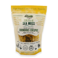 Elderwise Organics frente del paquete mostrando alga cruda y origen irlandés, transparente y natural