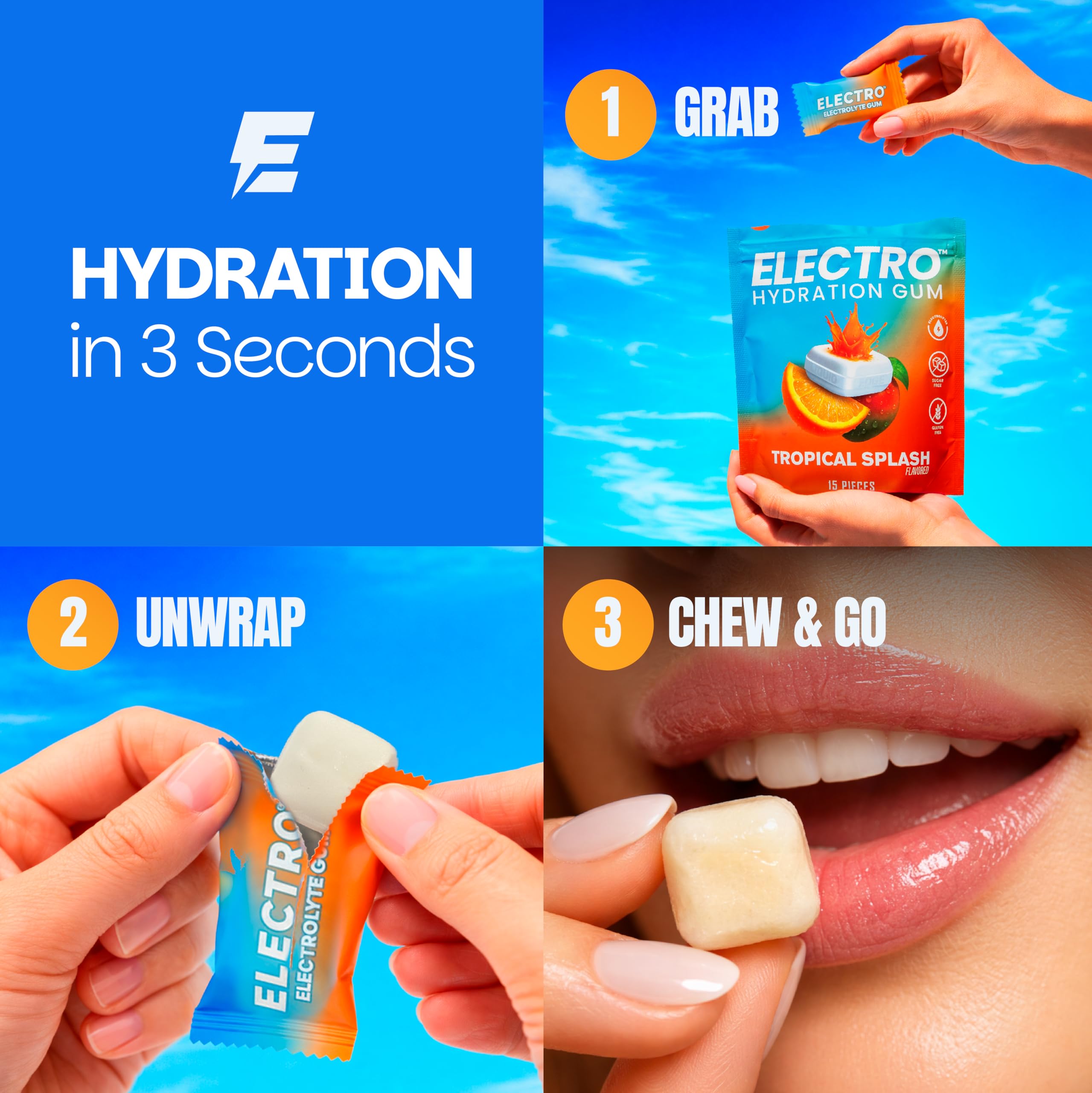 Electrogum etiqueta nutricional legible indicando cero azúcar y electrolitos clave