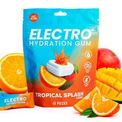 Electrogum empaque frontal mostrando sabor Tropical Splash y beneficio de hidratación
