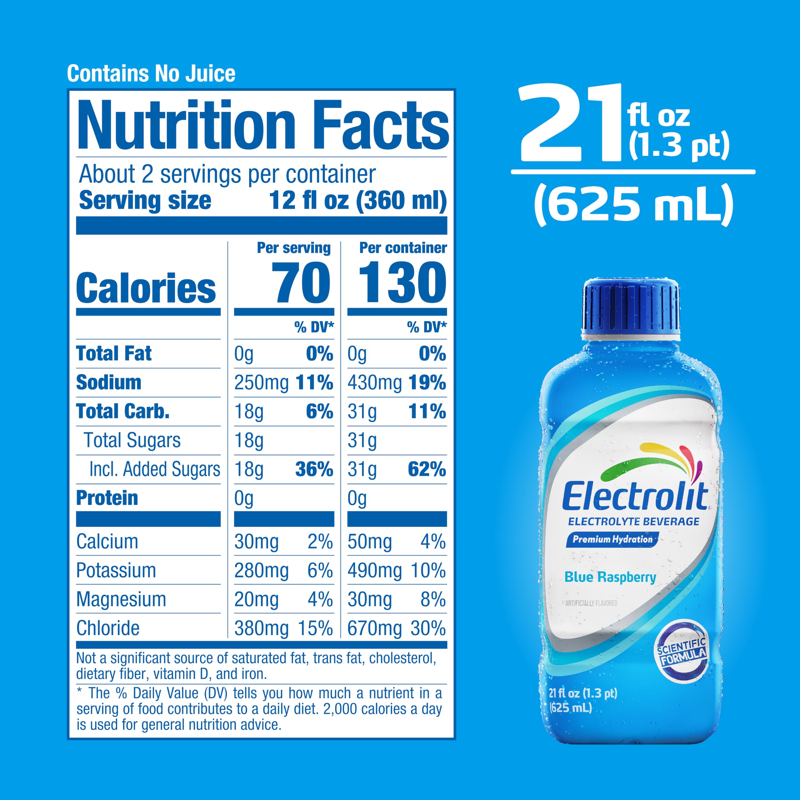 Electrolit comparado con una botella de agua para referencia de volumen