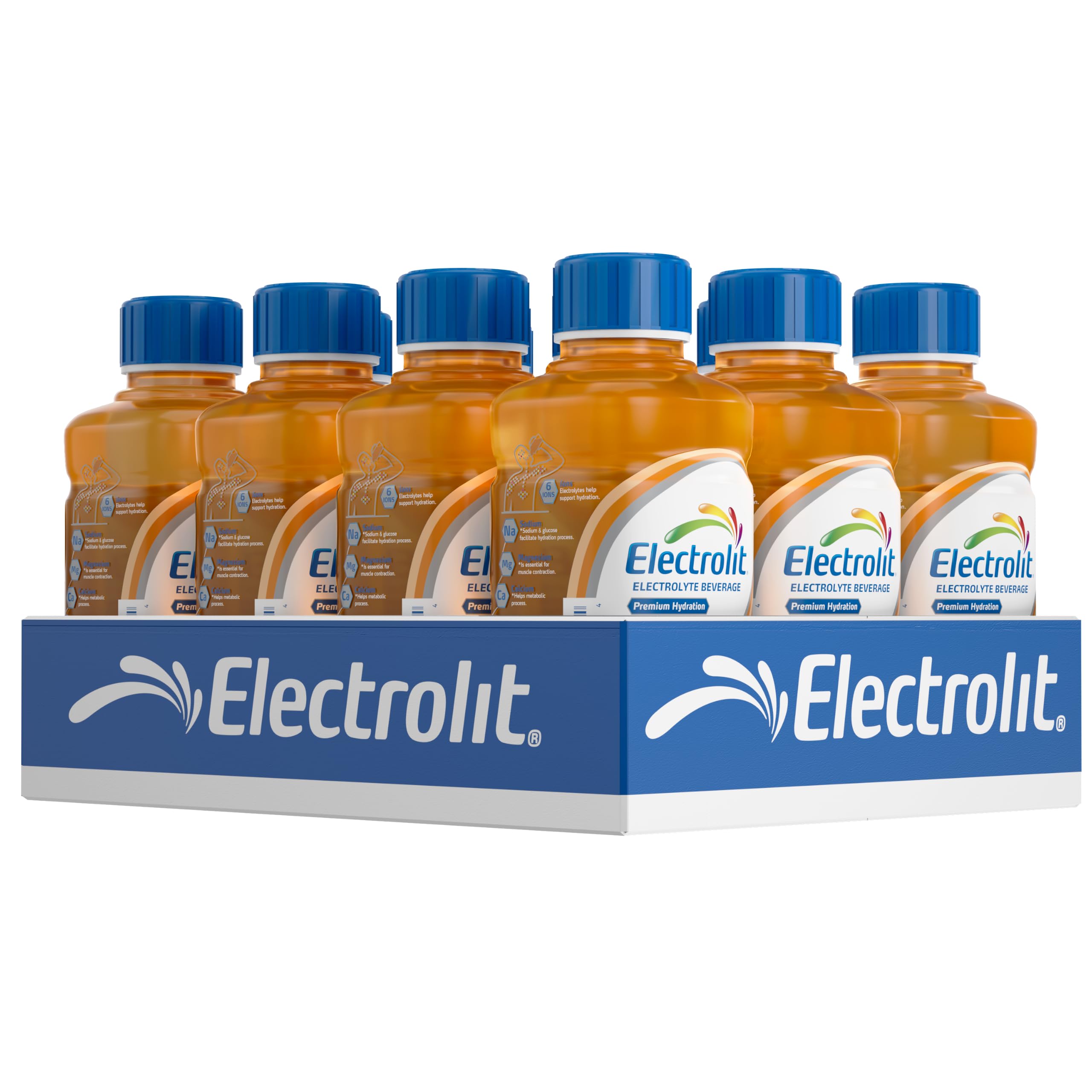 Electrolit botella frontal naranja mostrando 21 fl oz y etiqueta clara como hidratante