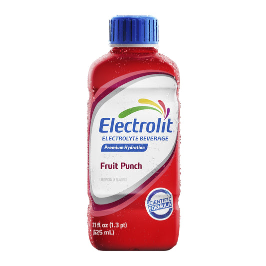 Botella Electrolit Fruit Punch en primer plano resaltando diseño y tapa fácil de abrir