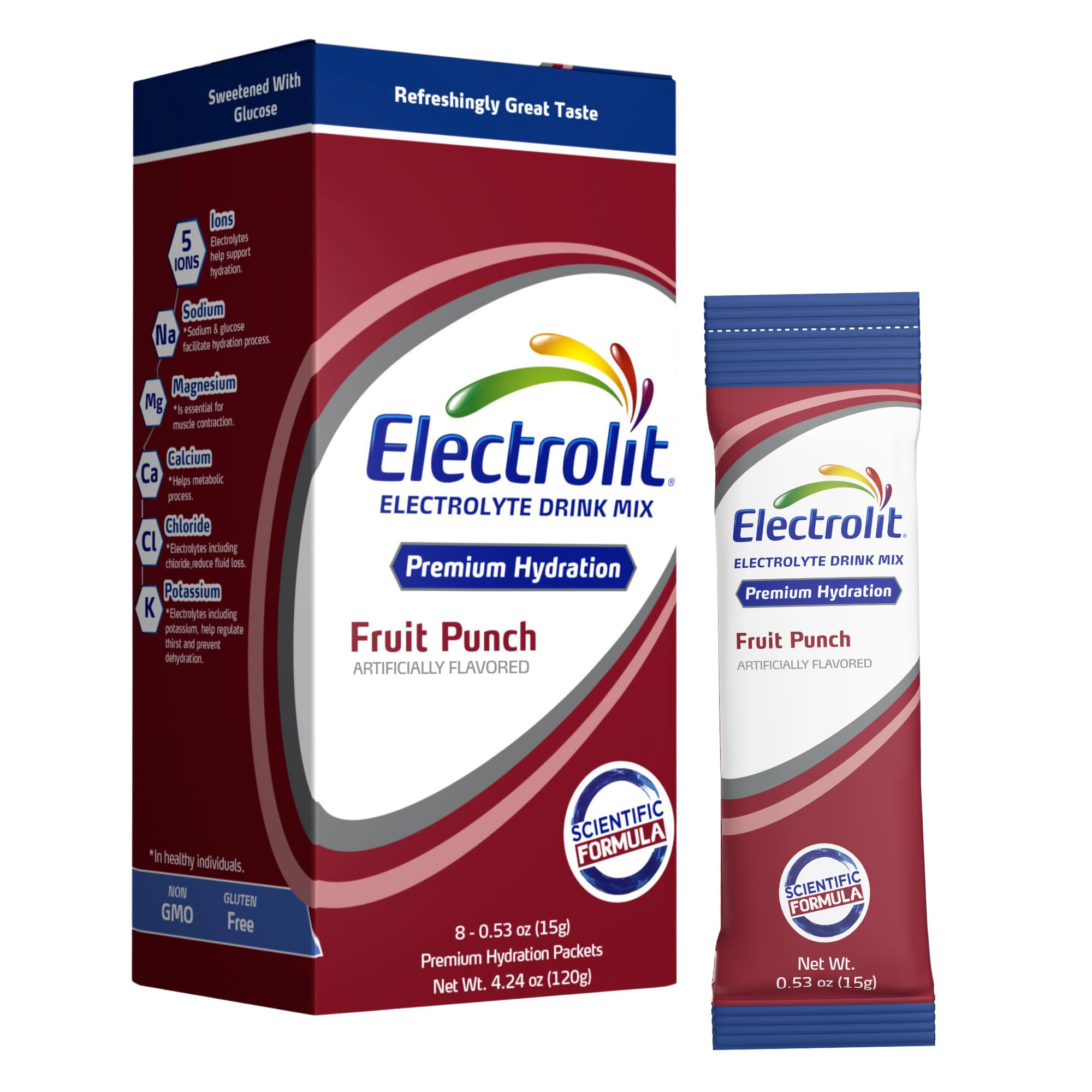Electrolit paquete frontal mostrando 8 sobres y conveniencia