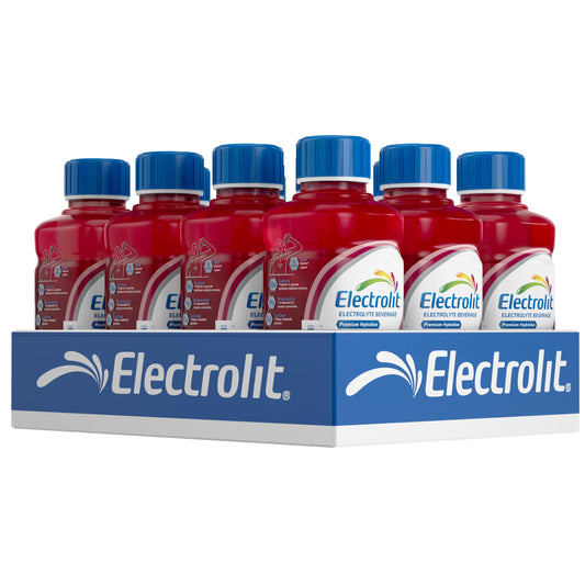 Electrolit pack de 12 frontal mostrando envases y sabor Fruit Punch para hidratación rápida