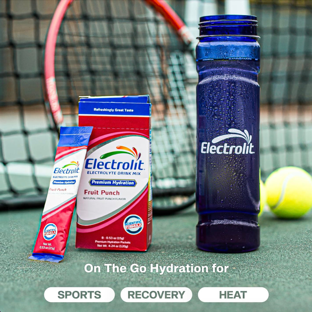 Electrolit sobre abierto junto a agua para preparar rápida hidratación